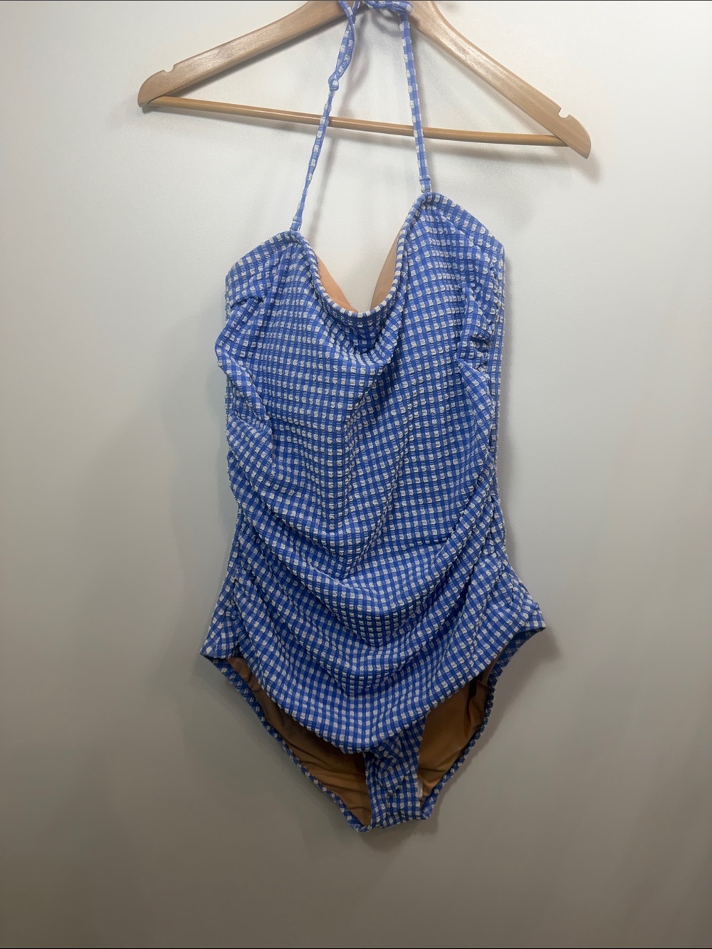 J.Crew Factory one piece blue white gingham seersucker swimsuit size large. NWT